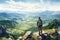 watercolor illustration of a hiker looking at a mountain and fields in valley back view