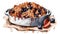 Watercolor illustration of a homemade blueberry crumble pie in a baking dish