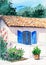 Watercolor illustration of a house facade with tiled roof and with a window with blue shutters