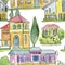 Watercolor illustration. Houses and trees. Seamless backround.