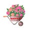 Watercolor illustration, huge bouquet, pink roses in a decorative garden wheelbarrow, gardening, hobby, holiday, flowers