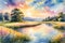 Watercolor Illustration of an Idyllic Summer Scene - Warm Golden Sunlight Bathing a Tranquil Meadow