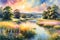 Watercolor Illustration of an Idyllic Summer Scene - Warm Golden Sunlight Bathing a Tranquil Meadow