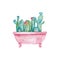 Watercolor illustration. Illustration of Cactus in a pink bath.