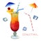 Watercolor illustration. Image of a glass with a cocktail sex on the beach. Ice cubes for cocktails, straw for cocktails, cocktail