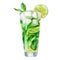 Watercolor illustration. An image of a glass with a mojito cocktail. Mint leaves, lime, ice cubes for drinks, cocktails.