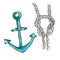 Watercolor illustration of an iron anchor and a gray rope on a white background