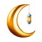 Watercolor illustration of Islamic arabian golden crescent moon with lantern in a chain isolated on white background