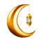 Watercolor illustration of Islamic arabian golden crescent moon with lantern in a chain isolated on white background