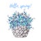 Watercolor illustration with isolated stone basket and blue forget-me-nots flowers on a white background