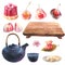 Watercolor illustration, japan tasty set, tea ceremony, dark blue ceramic teapot, bowl of tea, wagashi with edible