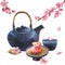 Watercolor illustration of japan tea ceremony, composition of dark blue ceramic teapot, bowl of tea, sakuramochi with