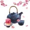 Watercolor illustration of japan tea ceremony, composition of dark blue ceramic teapot, bowl of tea, wagashi with edible