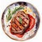 Watercolor illustration juicy thick grilled beef steak seasoned with fresh rosemary, summer BBQ top view