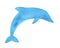 Watercolor illustration of jumping dolphin shape in bright blue colour on white.