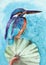 Watercolor illustration of a kingfisher with turquoise iridescent plumage