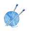 Watercolor illustration of knitting needles inserted into a skein of blue yarn