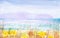 Watercolor illustration of a landscape with dry grass and yellow flowers in the foreground,a clear field and a forest in the