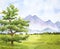 Watercolor illustration of landscape with green grass, tree, foggy mountains, countryside background