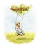 Watercolor illustration with landscape scenery summer meadow and ferret in overalls rides on rope swing