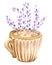 Watercolor illustration. Lavender latte in ceramic cup