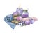 Watercolor illustration from the Lavender SPA series. A composition of towels, candles, jars of sea salt, pieces of soap