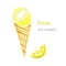Watercolor illustration lemon ice cream in waffle cone with text and slice of lemon ingredient isolated on white