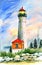 Watercolor illustration of a lighthouse with an attached house