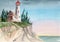 Watercolor illustration of a lighthouse on a high cliff