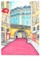 Watercolor illustration of Lisbon\'s Pink Street in Portugal