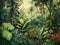 watercolor illustration of a lush green jungle