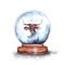 Watercolor illustration.magic Christmas glass snow globe on a wooden stand with a bull's head inside.Horned bull symbol