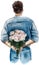 watercolor illustration of a man holding a bouquet of peonies behind his back. Poster design. Business design. Festive