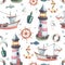 Watercolor illustration of a marine theme with a lighthouse, a fishing ship, a steering wheel, an anchor, seagulls