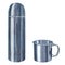 Watercolor illustration of metallic mug and thermos for camping. Steel cup and travel mug.