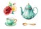 Watercolor illustration, mint green teapot and cup, gold spoon, red and yellow roses, clip art elements set isolated on white