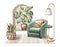 watercolor illustration. Modern cozy home interior with green armchair and tropical plants. Relaxing lounge zone. Room isolated on