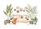 Watercolor illustration of modern interior with cane sofa, plants on pots and baskets on wall. Tropical vibes. Home decor pre-made