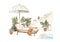 Watercolor illustration of modern interior with sunbed, plants on pots, pool and stairs. Tropical vibes. Resort decor pre-made