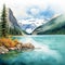 Watercolor Illustration Of Mountain Lake In Cyan And Amber