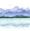 Watercolor illustration mountains peaks, lake with reflection and flying birds over the clouds