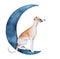 Watercolor illustration of navy blue half moon with cute sitting whippet puppy character.