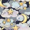 Watercolor illustration of the night sky with clouds, moon and stars.