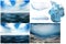 watercolor illustration of north sea landscape and underwater world, blue sky, iceberg, ice floes isolated on white