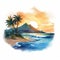Watercolor Illustration Of Ocean And Palm Trees In Multicolored Landscape Style