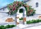 Watercolor illustration of an old arched entrance with a whitewashed brick fence
