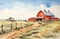 Watercolor Illustration Of Old Red Barn And Sheep In Realistic Style