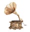 Watercolor illustration of old rusty gramophone. An old rusty enamel phonograph. Hand drawn in watercolor on a white background.