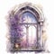Watercolor illustration of an old window with a bouquet of purple flowers