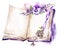 Watercolor illustration. Opened old book with a ribbon, pansy, leaves and key. Antique objects. Spring collection in